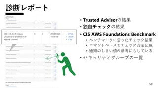 診断レポート
58
• Trusted Advisorの結果
• 独自チェックの結果
• CIS AWS Foundations Benchmark
• ベンチマークに沿ったチェック結果
• コマンドベースでチェック方法記載
• 通知のしきい値の参考にもしている
• セキュリティグループの一覧
 