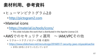 素材利用、参考資料
•ヒューマンピクトグラム2.0
• http://pictogram2.com
•Material icons
• https://material.io/tools/icons/
• This slide includes the work that is distributed in the Apache License 2.0.
•AWSでのセキュリティ運用 ～ IAM,VPCその他
• リクルートテクノロジーズ様 の資料
• https://www.slideshare.net/recruitcojp/20160517-security-jaws-miyazakisachie
• 非常に参考にさせていただいています
67
 