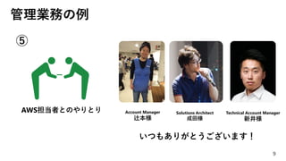 9
AWS担当者とのやりとり Solutions Architect
成田様
Account Manager
辻本様
Technical Account Manager
新井様
⑤
管理業務の例
いつもありがとうございます！
 