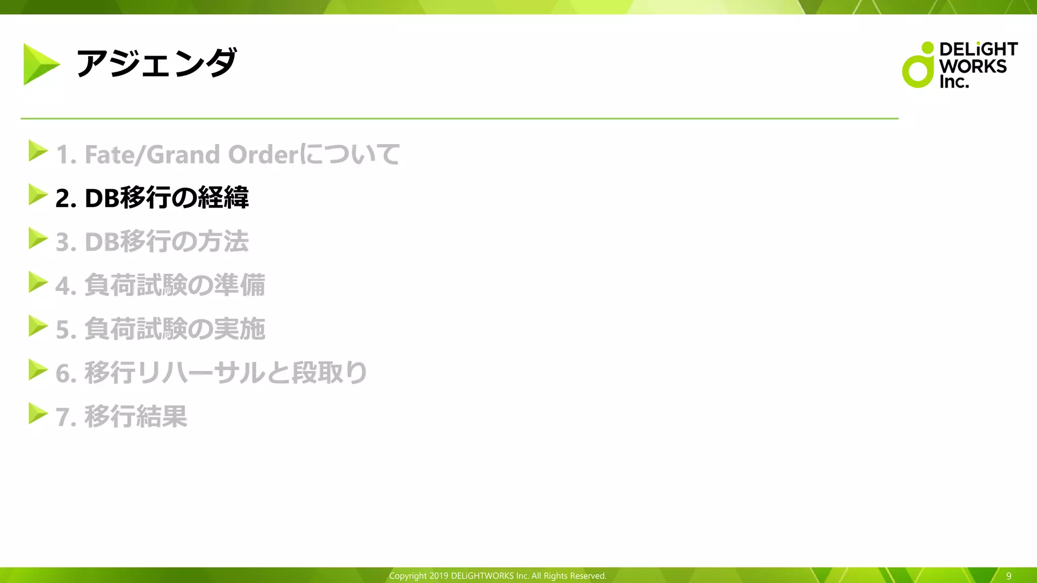 Copyright 2019 DELiGHTWORKS Inc. All Rights Reserved.
1. Fate/Grand Orderについて
2. DB移行の経緯
3. DB移行の方法
4. 負荷試験の準備
5. 負荷試験の実施
6. 移行リハーサルと段取り
7. 移行結果
9
アジェンダ
 