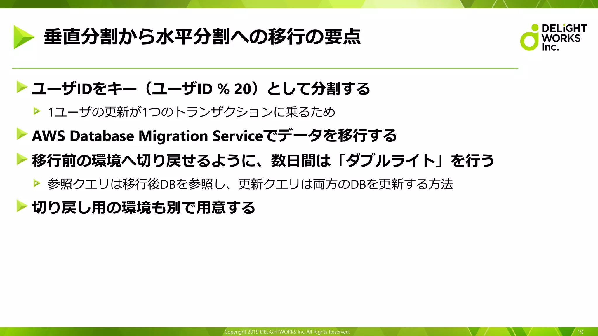 Copyright 2019 DELiGHTWORKS Inc. All Rights Reserved.
ユーザIDをキー（ユーザID % 20）として分割する
1ユーザの更新が1つのトランザクションに乗るため
AWS Database Migration Serviceでデータを移行する
移行前の環境へ切り戻せるように、数日間は「ダブルライト」を行う
参照クエリは移行後DBを参照し、更新クエリは両方のDBを更新する方法
切り戻し用の環境も別で用意する
19
垂直分割から水平分割への移行の要点
 