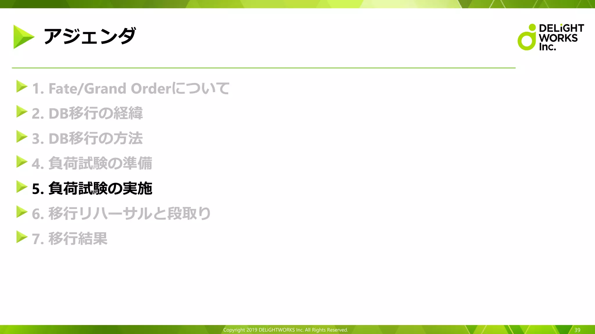Copyright 2019 DELiGHTWORKS Inc. All Rights Reserved.
1. Fate/Grand Orderについて
2. DB移行の経緯
3. DB移行の方法
4. 負荷試験の準備
5. 負荷試験の実施
6. 移行リハーサルと段取り
7. 移行結果
39
アジェンダ
 