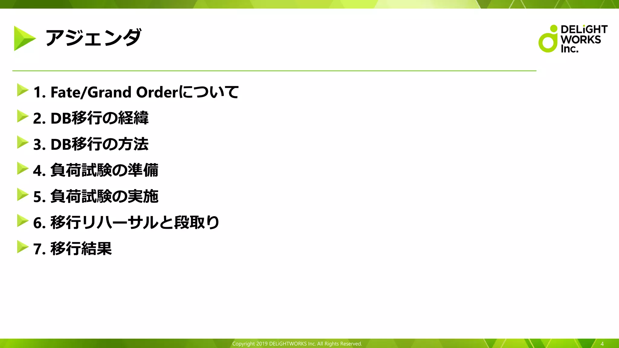 Copyright 2019 DELiGHTWORKS Inc. All Rights Reserved.
1. Fate/Grand Orderについて
2. DB移行の経緯
3. DB移行の方法
4. 負荷試験の準備
5. 負荷試験の実施
6. 移行リハーサルと段取り
7. 移行結果
4
アジェンダ
 