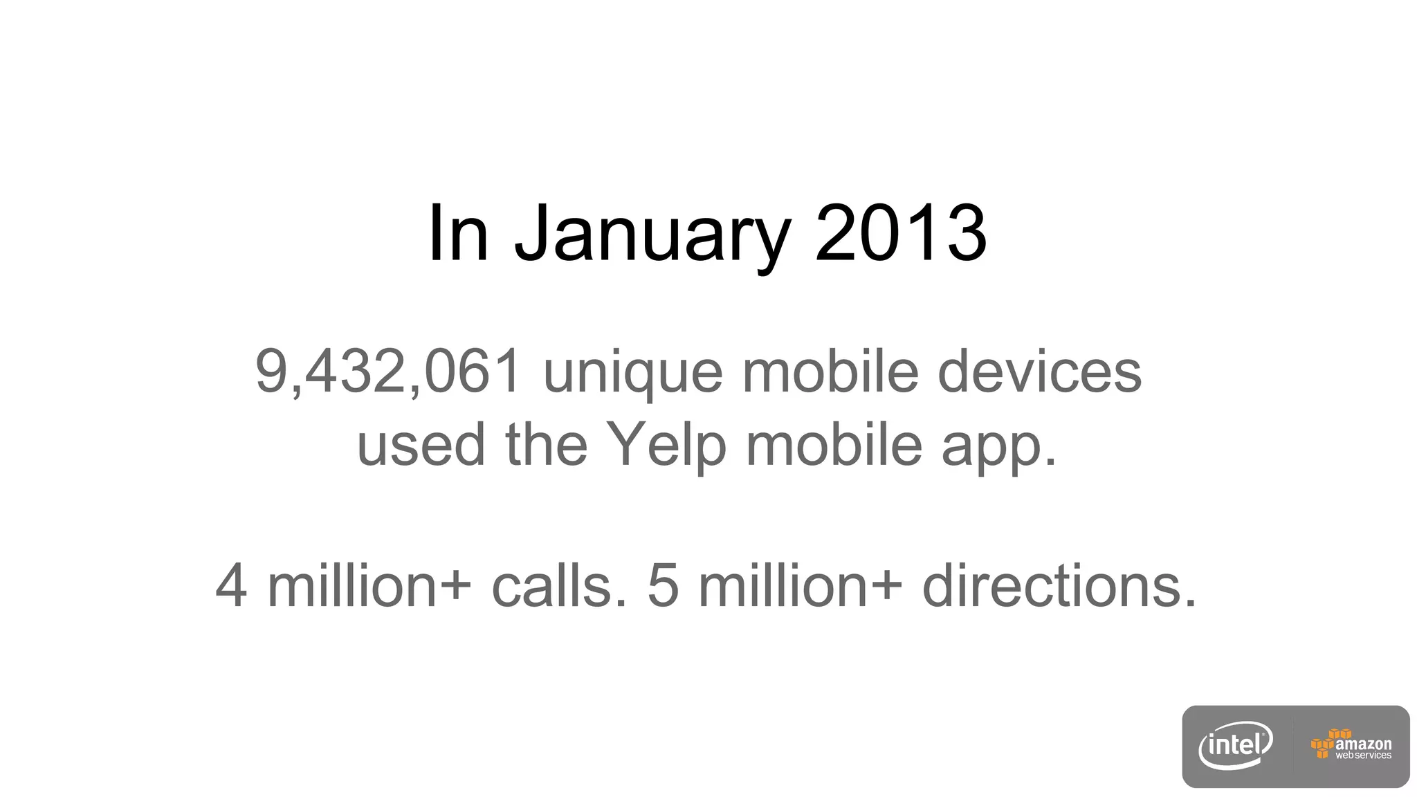 9,432,061 unique mobile devices
used the Yelp mobile app.
4 million+ calls. 5 million+ directions.
In January 2013
 