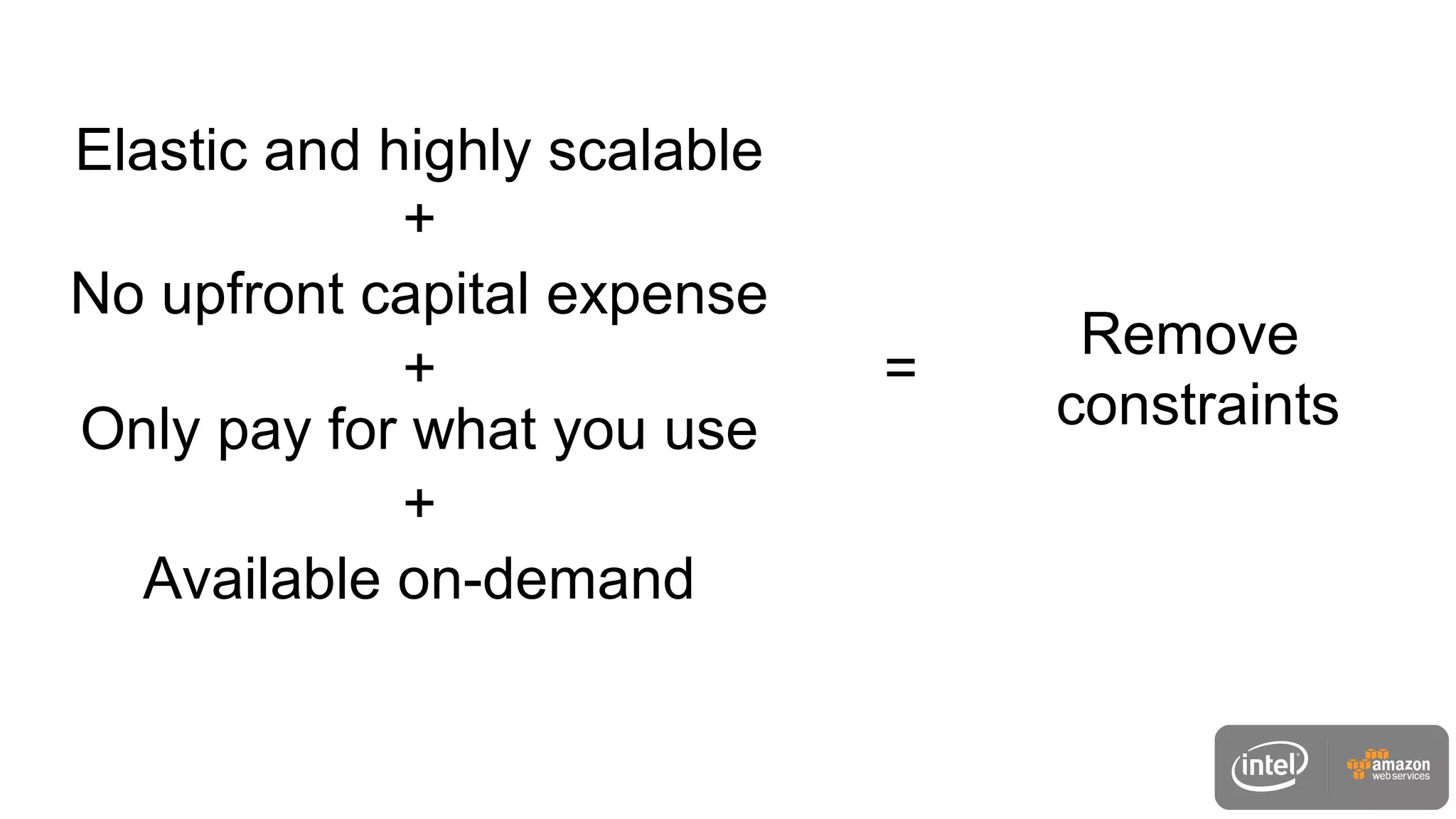 Elastic and highly scalable
No upfront capital expense
Only pay for what you use
+
+
Available on-demand
+
=
Remove
constraints
 