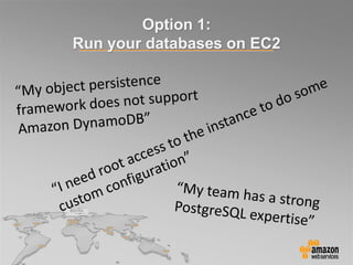 Option 1:
Run your databases on EC2
 