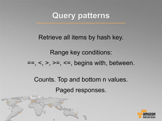 Query patterns
Retrieve all items by hash key.
Range key conditions:
==, <, >, >=, <=, begins with, between.
Counts. Top and bottom n values.
Paged responses.
 
