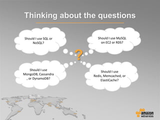 Thinking about the questions
Should I use SQL or
NoSQL?
Should I use MySQL
on EC2 or RDS?
Should I use
MongoDB, Cassandra
, or DynamoDB?
Should I use
Redis, Memcached, or
ElastiCache?
?
 