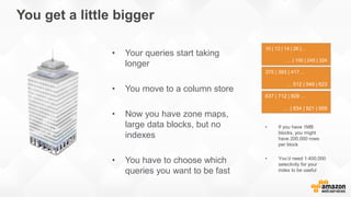 You get a little bigger
• Your queries start taking
longer
• You move to a column store
• Now you have zone maps,
large data blocks, but no
indexes
• You have to choose which
queries you want to be fast
10 | 13 | 14 | 26 |…
… | 100 | 245 | 324
375 | 393 | 417…
… 512 | 549 | 623
637 | 712 | 809 …
… | 834 | 921 | 959
 