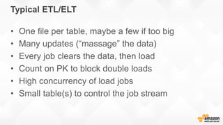 Typical ETL/ELT
• One file per table, maybe a few if too big
• Many updates (“massage” the data)
• Every job clears the data, then load
• Count on PK to block double loads
• High concurrency of load jobs
• Small table(s) to control the job stream
 