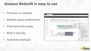 Amazon Redshift is easy to use
• Provision in minutes
• Monitor query performance
• Point and click resize
• Built in security
• Automatic backups
 