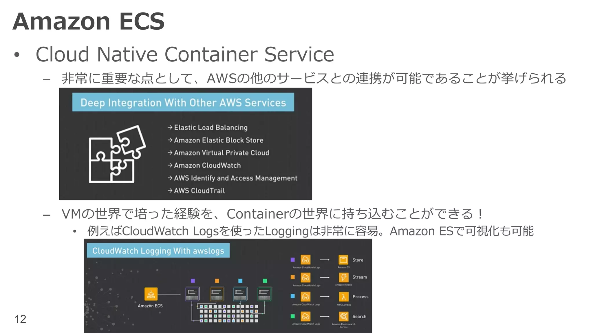12
Amazon ECS
• Cloud Native Container Service
– ⾮常に重要な点として、AWSの他のサービスとの連携が可能であることが挙げられる
– VMの世界で培った経験を、Containerの世界に持ち込むことができる！
• 例えばCloudWatch Logsを使ったLoggingは⾮常に容易。Amazon ESで可視化も可能
 