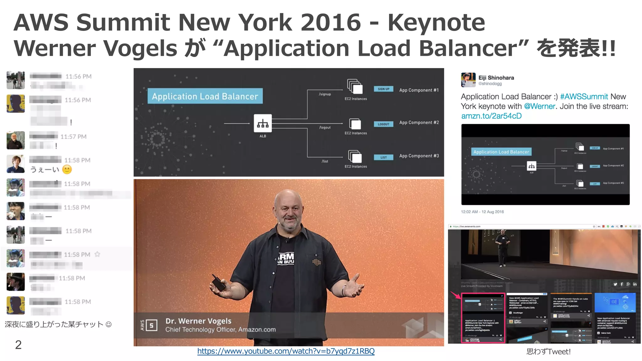 2
AWS Summit New York 2016 - Keynote
Werner Vogels が “Application Load Balancer” を発表!!
深夜に盛り上がった某チャット J
思わずTweet!https://www.youtube.com/watch?v=b7yqd7z1RBQ
 