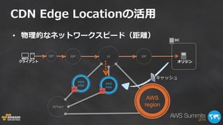 ISP ISP IX ISP 
CDN Edge Locationの活用 
クライアント 
DC 
AWS 
region 
AWS 
edge 
AWS 
edge 
IX/Teir1 
• 物理的なネットワークスピード（距離） 
キャッシュ 
オリジン 
 