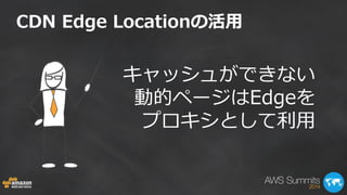 CDN Edge Locationの活用 
キャッシュができない 動的ページはEdgeを プロキシとして利用  