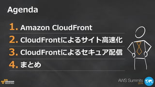 Agenda 
1. Amazon CloudFront 
CloudFrontによるサイト高速化 
CloudFrontによるセキュア配信 
まとめ 
2. 
3. 
4. 
 