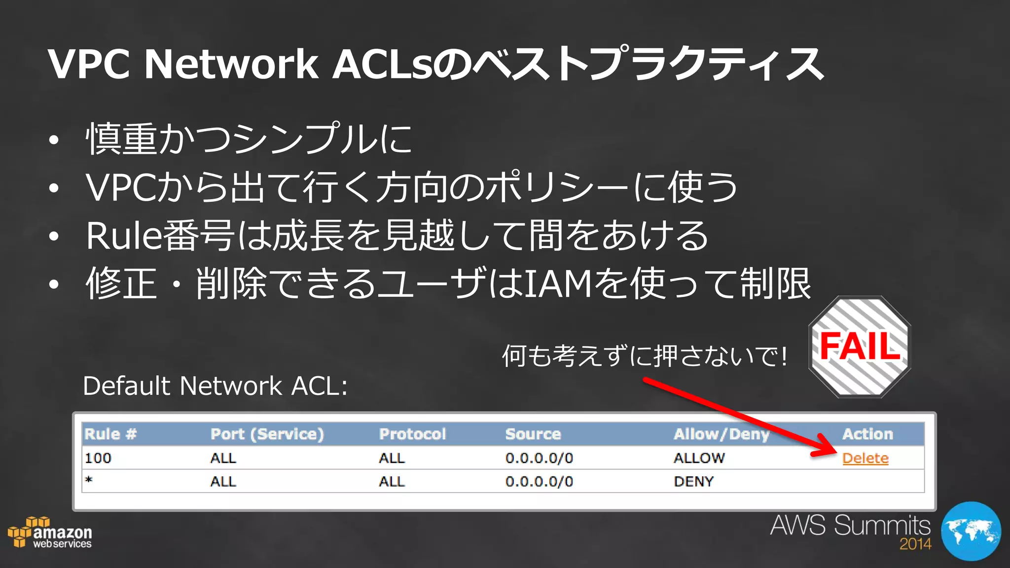 VPC Network ACLsのベストプラクティス 
•慎重かつシンプルに 
•VPCから出て行く方向のポリシーに使う 
•Rule番号は成長を見越して間をあける 
•修正・削除できるユーザはIAMを使って制限 
何も考えずに押さないで! 
Default Network ACL:  