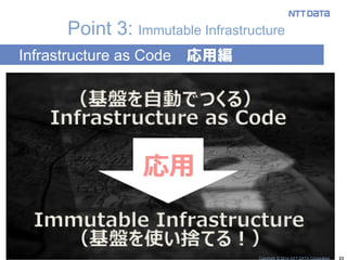 23 
Point 3: Immutable Infrastructure 
Infrastructure as Code 応用編 
Immutable Infrastructure 
Infrastructure as Code 
応用 
（基盤を使い捨てる！） 
（基盤を自動でつくる） 
Copyright © 2014 NTT DATA Corporation  