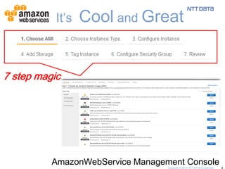 3 
AmazonWebService Management Console 
It’s Cool and Great 
7 step magic 
Copyright © 2014 NTT DATA Corporation  