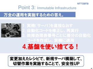 25
Point 3: Immutable Infrastructure
万全の運用を実施するための答え。
1. 実機（サーバ）を直接なおす
2. 自動化コードを修正し、再実行
3. 故障処理表番号ごとに差分の自動化
コードを作成し、実機に適用
4.基盤を使い捨てる！
変更加えたレシピで、新規サーバ構築して、
切替作業を実施することで、安全性ＵＰ
 