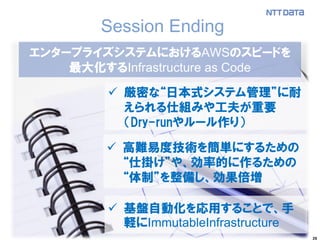26
Session Ending
エンタープライズシステムにおけるAWSのスピードを
最大化するInfrastructure as Code
 厳密な“日本式システム管理”に耐
えられる仕組みや工夫が重要
（Dry-runやルール作り）
 高難易度技術を簡単にするための
“仕掛け”や、効率的に作るための
“体制”を整備し、効果倍増
 基盤自動化を応用することで、手
軽にImmutableInfrastructure
 