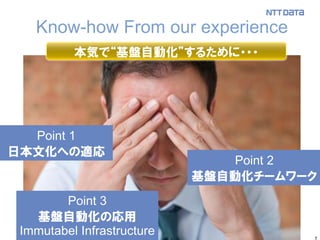 7
Know-how From our experience
本気で“基盤自動化”するために・・・
Point 1
日本文化への適応
Point 2
基盤自動化チームワーク
Point 3
基盤自動化の応用
Immutabel Infrastructure
 
