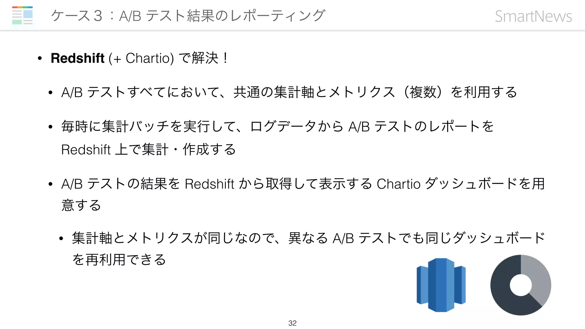 • Redshift (+ Chartio) で解決！
• A/B テストすべてにおいて、共通の集計軸とメトリクス（複数）を利用する
• 毎時に集計バッチを実行して、ログデータから A/B テストのレポートを
Redshift 上で集計・作成する
• A/B テストの結果を Redshift から取得して表示する Chartio ダッシュボードを用
意する
• 集計軸とメトリクスが同じなので、異なる A/B テストでも同じダッシュボード
を再利用できる
ケース３：A/B テスト結果のレポーティング
32
 