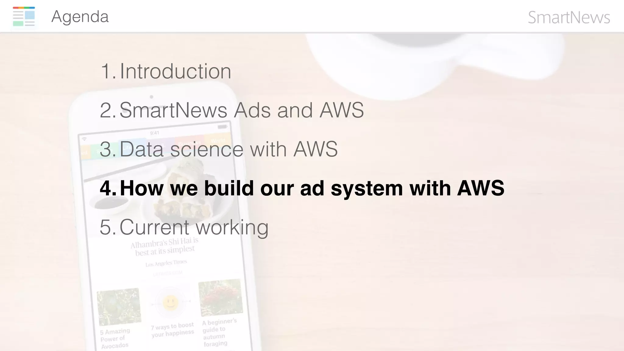 Agenda
1.Introduction
2.SmartNews Ads and AWS
3.Data science with AWS
4.How we build our ad system with AWS
5.Current working
 