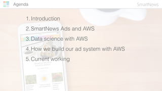 Agenda
1.Introduction
2.SmartNews Ads and AWS
3.Data science with AWS
4.How we build our ad system with AWS
5.Current work...