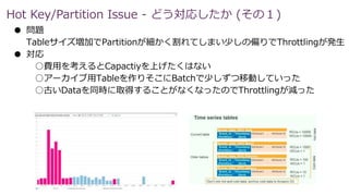 Hot Key/Partition Issue - どう対応したか (その１)
● 問題
Tableサイズ増加でPartitionが細かく割れてしまい少しの偏りでThrottlingが発生
● 対応
○費用を考えるとCapactiyを上げたくはない
○アーカイブ用Tableを作りそこにBatchで少しずつ移動していった
○古いDataを同時に取得することがなくなったのでThrottlingが減った
 
