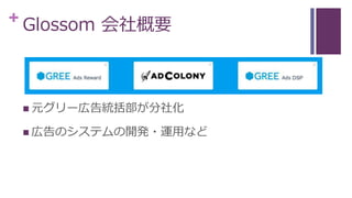 + Glossom 会社概要
 元グリー広告統括部が分社化
 広告のシステムの開発・運用など
 