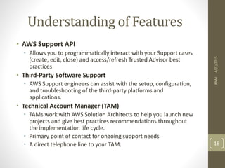 Understanding of Features
• AWS Support API
• Allows you to programmatically interact with your Support cases
(create, edit, close) and access/refresh Trusted Advisor best
practices
• Third-Party Software Support
• AWS Support engineers can assist with the setup, configuration,
and troubleshooting of the third-party platforms and
applications.
• Technical Account Manager (TAM)
• TAMs work with AWS Solution Architects to help you launch new
projects and give best practices recommendations throughout
the implementation life cycle.
• Primary point of contact for ongoing support needs
• A direct telephone line to your TAM.
4/23/2015RNM
18
 