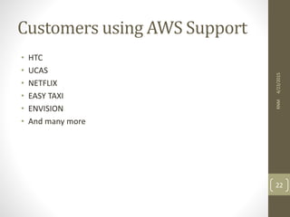 Customers using AWS Support
• HTC
• UCAS
• NETFLIX
• EASY TAXI
• ENVISION
• And many more
4/23/2015RNM
22
 