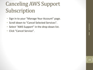 Canceling AWS Support
Subscription
• Sign in to your "Manage Your Account" page.
• Scroll down to "Cancel Selected Services".
• Select "AWS Support" in the drop down list.
• Click "Cancel Service".
4/23/2015RNM
23
 