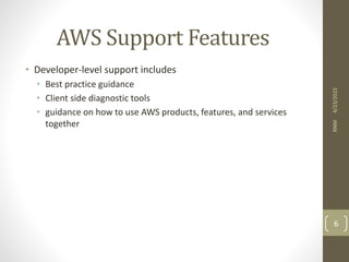 AWS Support Features
• Developer-level support includes
• Best practice guidance
• Client side diagnostic tools
• guidance on how to use AWS products, features, and services
together
4/23/2015RNM
6
 
