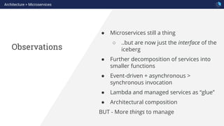 Observations
Architecture > Microservices
● Microservices still a thing
○ ..but are now just the interface of the
iceberg
● Further decomposition of services into
smaller functions
● Event-driven + asynchronous >
synchronous invocation
● Lambda and managed services as “glue”
● Architectural composition
BUT - More things to manage
 