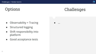 WHAT WE ARE KNOWN FOR
35
Options
● ...
Challenges
● Observability + Tracing
● Structured logging
● Shift responsibility into
platform
● Good acceptance tests
Challenges > Vendor lock-in
 
