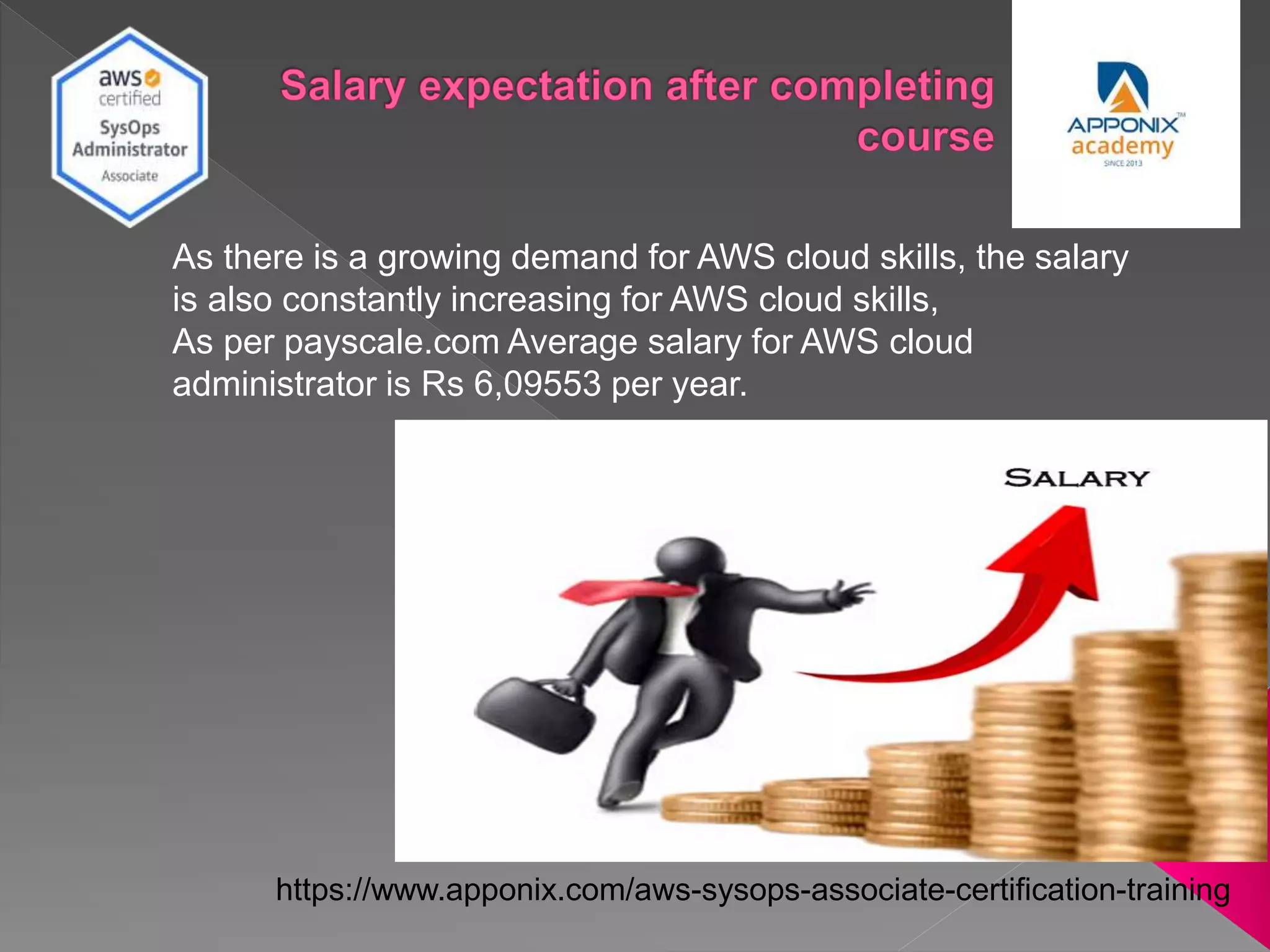 As there is a growing demand for AWS cloud skills, the salary
is also constantly increasing for AWS cloud skills,
As per payscale.com Average salary for AWS cloud
administrator is Rs 6,09553 per year.
https://www.apponix.com/aws-sysops-associate-certification-training
 