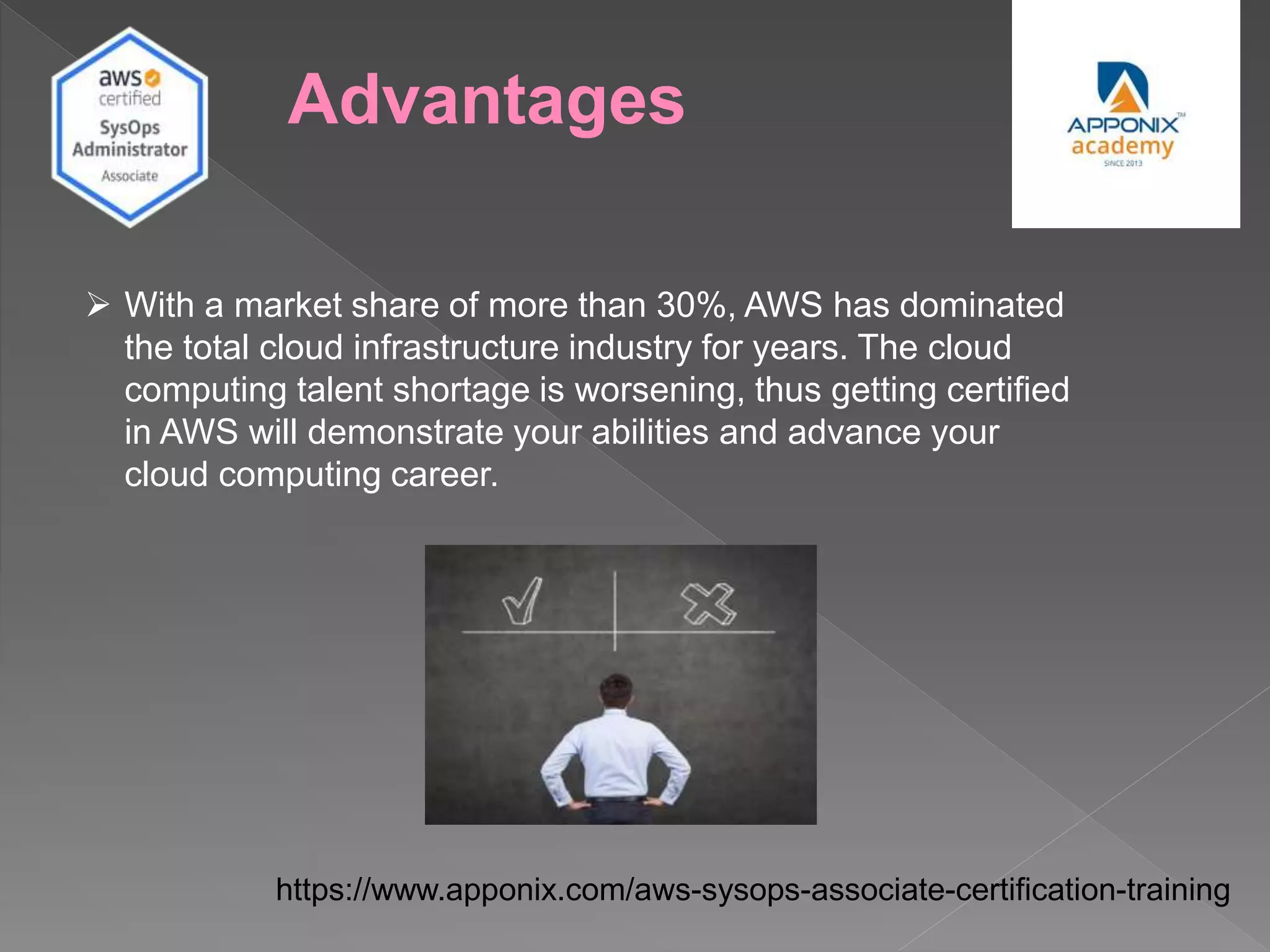 Advantages
 With a market share of more than 30%, AWS has dominated
the total cloud infrastructure industry for years. The cloud
computing talent shortage is worsening, thus getting certified
in AWS will demonstrate your abilities and advance your
cloud computing career.
https://www.apponix.com/aws-sysops-associate-certification-training
 