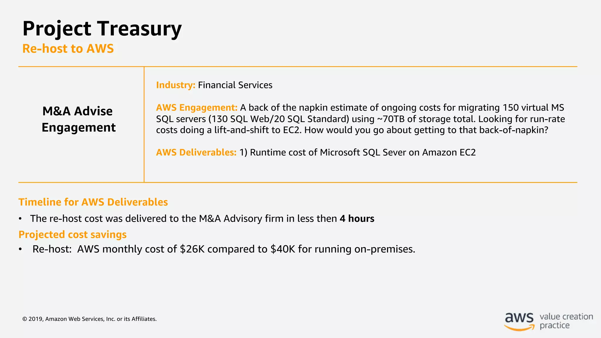 © 2019, Amazon Web Services, Inc. or its Affiliates.
Project Treasury
Re-host to AWS
Industry: Financial Services
AWS Engagement: A back of the napkin estimate of ongoing costs for migrating 150 virtual MS
SQL servers (130 SQL Web/20 SQL Standard) using ~70TB of storage total. Looking for run-rate
costs doing a lift-and-shift to EC2. How would you go about getting to that back-of-napkin?
AWS Deliverables: 1) Runtime cost of Microsoft SQL Sever on Amazon EC2
Timeline for AWS Deliverables
• The re-host cost was delivered to the M&A Advisory firm in less then 4 hours
Projected cost savings
• Re-host: AWS monthly cost of $26K compared to $40K for running on-premises.
M&A Advise
Engagement
 