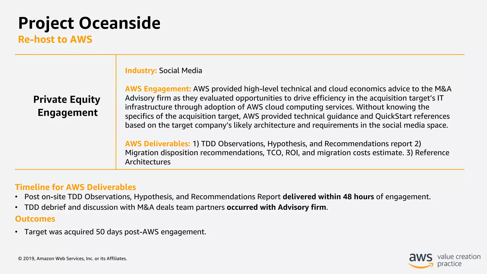 © 2019, Amazon Web Services, Inc. or its Affiliates.
Project Oceanside
Re-host to AWS
Industry: Social Media
AWS Engagement: AWS provided high-level technical and cloud economics advice to the M&A
Advisory firm as they evaluated opportunities to drive efficiency in the acquisition target’s IT
infrastructure through adoption of AWS cloud computing services. Without knowing the
specifics of the acquisition target, AWS provided technical guidance and QuickStart references
based on the target company’s likely architecture and requirements in the social media space.
AWS Deliverables: 1) TDD Observations, Hypothesis, and Recommendations report 2)
Migration disposition recommendations, TCO, ROI, and migration costs estimate. 3) Reference
Architectures
Timeline for AWS Deliverables
• Post on-site TDD Observations, Hypothesis, and Recommendations Report delivered within 48 hours of engagement.
• TDD debrief and discussion with M&A deals team partners occurred with Advisory firm.
Outcomes
• Target was acquired 50 days post-AWS engagement.
Private Equity
Engagement
 