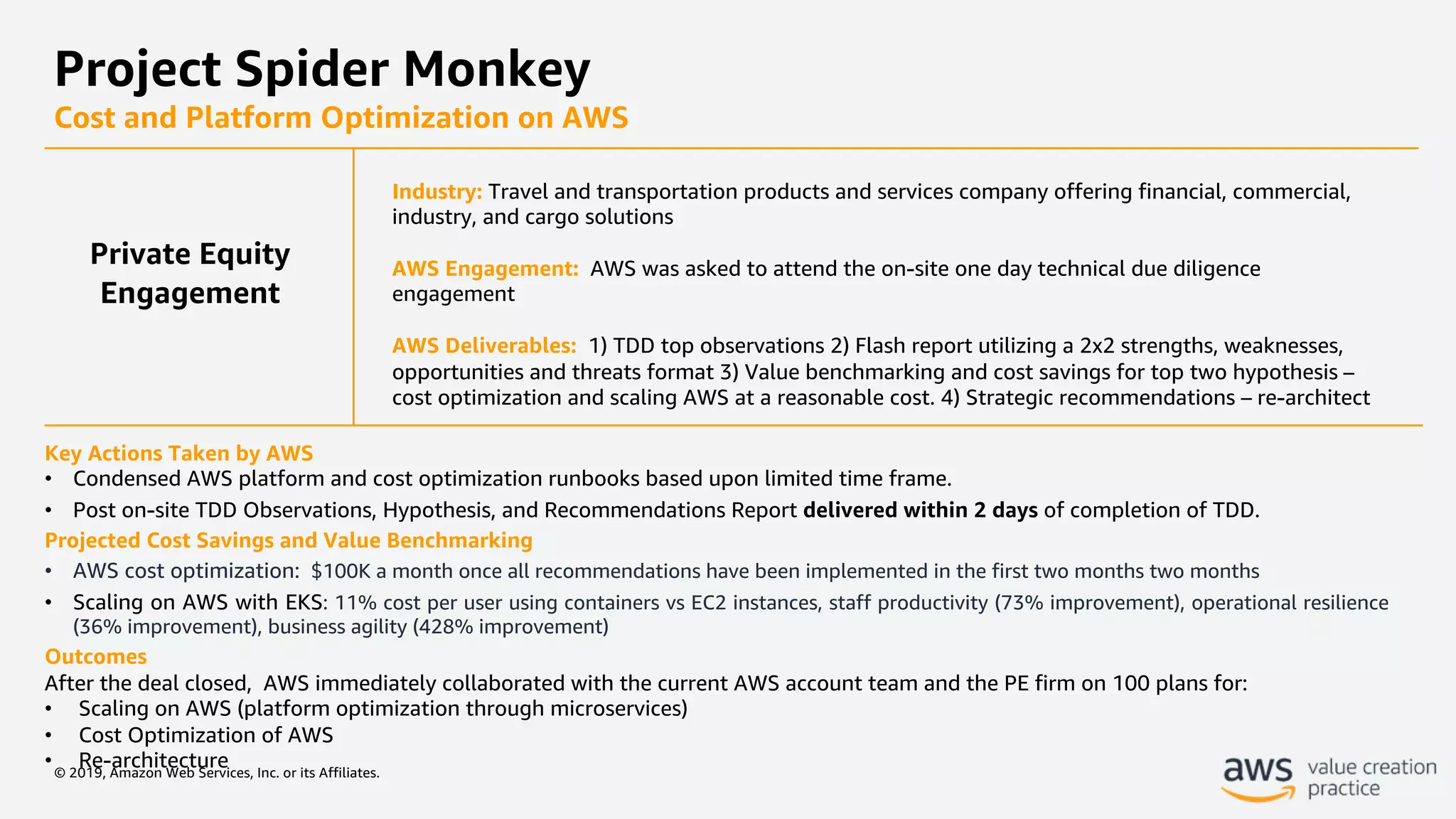 © 2019, Amazon Web Services, Inc. or its Affiliates.
Project Spider Monkey
Cost and Platform Optimization on AWS
Industry: Travel and transportation products and services company offering financial, commercial,
industry, and cargo solutions
AWS Engagement: AWS was asked to attend the on-site one day technical due diligence
engagement
AWS Deliverables: 1) TDD top observations 2) Flash report utilizing a 2x2 strengths, weaknesses,
opportunities and threats format 3) Value benchmarking and cost savings for top two hypothesis –
cost optimization and scaling AWS at a reasonable cost. 4) Strategic recommendations – re-architect
Key Actions Taken by AWS
• Condensed AWS platform and cost optimization runbooks based upon limited time frame.
• Post on-site TDD Observations, Hypothesis, and Recommendations Report delivered within 2 days of completion of TDD.
Projected Cost Savings and Value Benchmarking
• AWS cost optimization: $100K a month once all recommendations have been implemented in the first two months two months
• Scaling on AWS with EKS: 11% cost per user using containers vs EC2 instances, staff productivity (73% improvement), operational resilience
(36% improvement), business agility (428% improvement)
Outcomes
After the deal closed, AWS immediately collaborated with the current AWS account team and the PE firm on 100 plans for:
• Scaling on AWS (platform optimization through microservices)
• Cost Optimization of AWS
• Re-architecture
Private Equity
Engagement
 