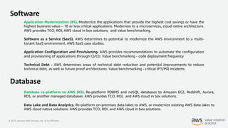 © 2019, Amazon Web Services, Inc. or its Affiliates.
Software
Application Modernization (#5). Modernize the applications that provide the highest cost savings or have the
highest business value – 10 or less critical applications. Modernize to a microservices, cloud native architecture.
AWS provides TCO, ROI, AWS cloud in box solutions, and value benchmarking.
Software as a Service (SaaS). AWS determines to potential to modernize the AWS environment to a multi-
tenant SaaS environment. AWS SaaS case studies.
Application Configuration and Provisioning. AWS provides recommendations to automate the configuration
and provisioning of applications through CI/CD. Value benchmarking - code deployment frequency
Technical Debt - AWS determines areas of technical debt reduction and potential improvements to reduce
technical debt, as well as future proof architectures. Value benchmarking - critical (P1/P0) incidents
Database re-platform to AWS (#3). Re-platform RDBMS and noSQL databases to Amazon EC2, Redshift, Aurora,
RDS, or another managed databases. AWS provides TCO, ROI, and AWS cloud in box solutions.
Data Lake and Data Analytics. Re-platform on-premises data lakes to AWS, or modernize existing AWS data lakes to
AWS cloud native solutions. AWS provides TCO, ROI, and AWS cloud in box solutions.
Database
 