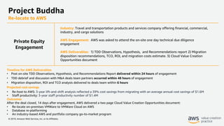 © 2019, Amazon Web Services, Inc. or its Affiliates.
Project Buddha
Re-locate to AWS
Industry: Travel and transportation products and services company offering financial, commercial,
industry, and cargo solutions
AWS Engagement: AWS was asked to attend the on-site one day technical due diligence
engagement
AWS Deliverables: 1) TDD Observations, Hypothesis, and Recommendations report 2) Migration
disposition recommendations, TCO, ROI, and migration costs estimate. 3) Cloud Value Creation
Opportunities document
Timeline for AWS Deliverables
• Post on-site TDD Observations, Hypothesis, and Recommendations Report delivered within 24 hours of engagement
• TDD debrief and discussion with M&A deals team partners occurred within 48 hours of engagement
• Migration disposition, ROI and TCO analysis delivered to deals team within 6 hours
Projected cost savings
• Re-host to AWS: 3-year lift-and-shift analysis reflected a 39% cost savings from migrating with an average annual cost savings of $1.6M
• Staff productivity: 3-year staff productivity number of $1.4M
Outcomes
After the deal closed, 14 days after engagement, AWS delivered a two page Cloud Value Creation Opportunities document:
• Re-locate on-premises VMWare to VMWare Cloud on AWS
• Database re-platforming
• An industry-based AWS and portfolio company go-to-market program
Private Equity
Engagement
 