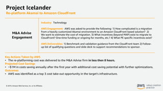 © 2019, Amazon Web Services, Inc. or its Affiliates.
Project Icelander
Re-platform Akamai to Amazon CloudFront
Industry: Technology
AWS Engagement: AWS was asked to provide the following: 1) How complicated is a migration
from a heavily customized Akamai environment to an Amazon CloudFront based solution? 2)
We want to estimate the cost of migration. 3) What incentives (beyond MAP) exist to migrate to
CloudFront? One-time funding or ongoing for months, etc.? 4) What PE specific incentives exist?
AWS Deliverables: 1) Benchmark and validation guidance from the CloudFront team 2) Follow-
up list of qualifying questions and slide deck to support recommendations to sponsor.
Key Actions Taken by AWS
• The re-platforming cost was delivered to the M&A Advise firm in less then 8 hours.
Projected Cost Savings
• ~$1M in costs saving annually after the first year with additional cost saving potential with further optimizations.
Outcomes
• AWS was identified as a top 3 cost take-out opportunity in the target’s infrastructure.
M&A Advise
Engagement
 
