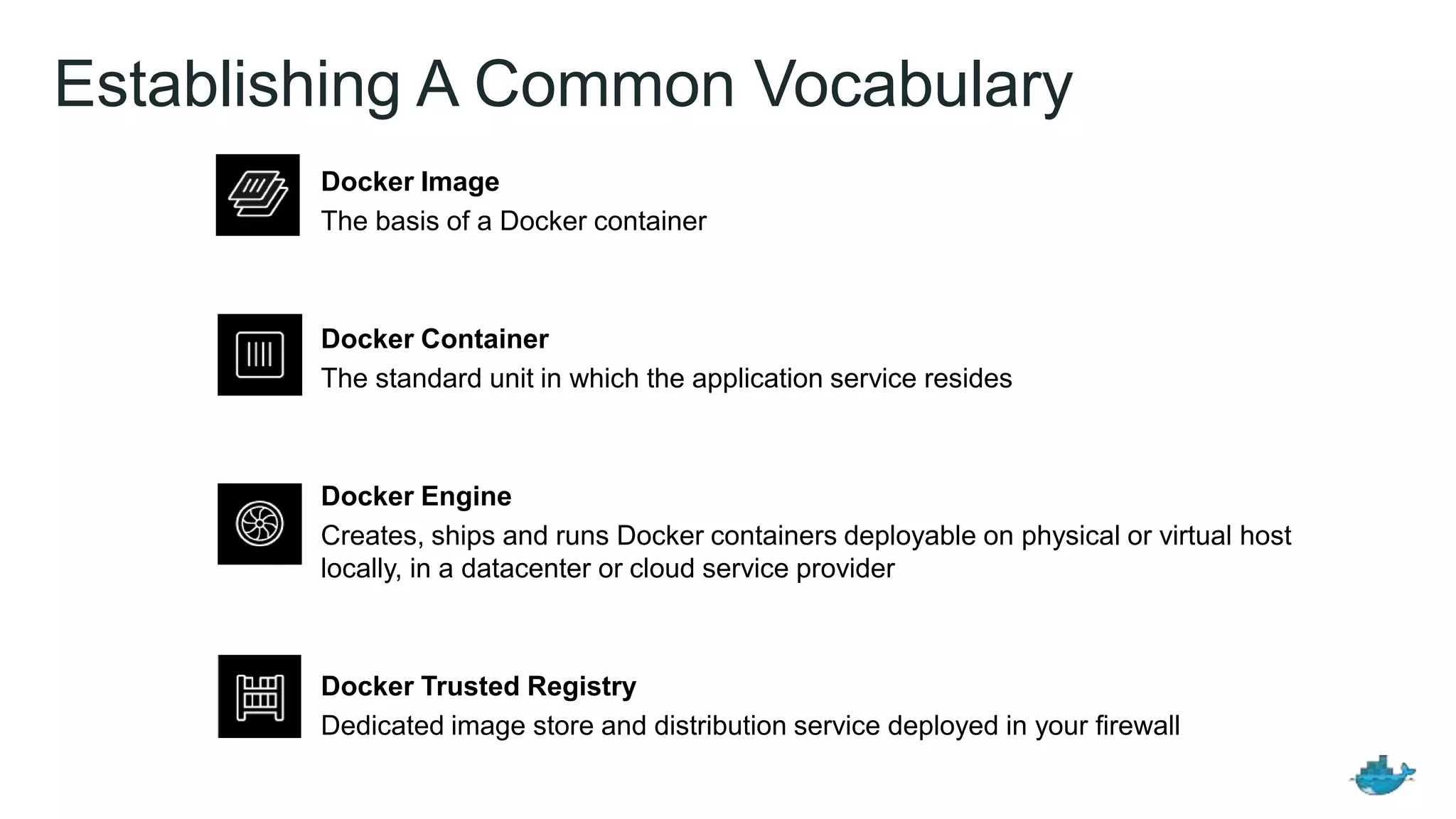 Establishing A Common Vocabulary
Docker Image
The basis of a Docker container
Docker Container
The standard unit in which the application service resides
Docker Engine
Creates, ships and runs Docker containers deployable on physical or virtual host
locally, in a datacenter or cloud service provider
Docker Trusted Registry
Dedicated image store and distribution service deployed in your firewall
 