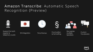 © 2017, Amazon Web Services, Inc. or its Affiliates. All rights reserved.
Amazon Transcribe: Automatic Speech
Recognition (Preview)
Time Stamps
Support for both
regular &
telephony audio
Punctuation
& formatting
§
S3 Integration
Recognize
Multiple
Speakers
Custom
Vocabulary
 