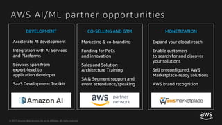 © 2017, Amazon Web Services, Inc. or its Affiliates. All rights reserved.
AWS AI/ML partner opportunities
MONETIZATION
Expand your global reach
Enable customers
to search for and discover
your solutions
Sell preconfigured, AWS
Marketplace-ready solutions
AWS brand recognition
DEVELOPMENT
Accelerate AI development
Integration with AI Services
and Platforms
Services span from
expert-level to
application developer
SaaS Development Toolkit
CO-SELLING AND GTM
Marketing & co-branding
Funding for PoCs
and innovation
Sales and Solution
Architecture Training
SA & Segment support and
event attendance/speaking
 