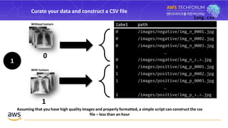 With tumors
Without tumors
0
1
label path
0 /images/negative/img_n_0001.jpg
0 /images/negative/img_n_0002.jpg
0 /images/negative/img_n_0003.jpg
…
0 /images/negative/img_n_<…>.jpg
1 /images/positive/img_p_0001.jpg
1 /images/positive/img_p_0002.jpg
1 /images/positive/img_p_0003.jpg
…
1 /images/positive/img_p_<…>.jpg
Curate your data and construct a CSV file
1
lung.csv
Assuming that you have high quality images and properly formatted, a simple script can construct the csv
file – less than an hour
 