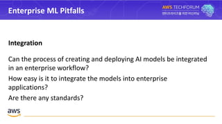 Enterprise ML Pitfalls
Integration
Can the process of creating and deploying AI models be integrated
in an enterprise workflow?
How easy is it to integrate the models into enterprise
applications?
Are there any standards?
 